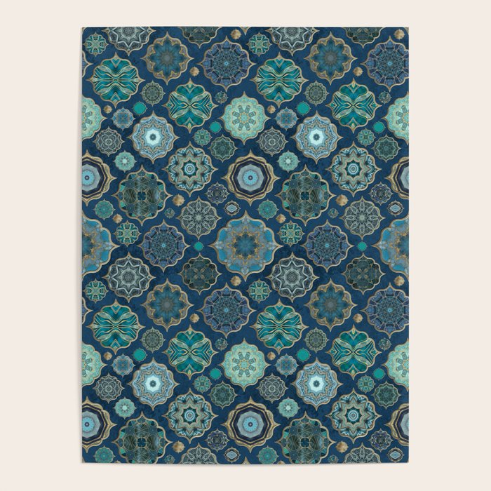 Teal Turquoise Gold Moroccan Tiles Boho Vintage Elegance Quatrefoil Shapes Poster Gallery Image 4