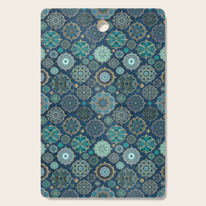 Teal Turquoise Gold Moroccan Tiles Boho Vintage Elegance Quatrefoil Shapes Cutting Board Gallery Image 1