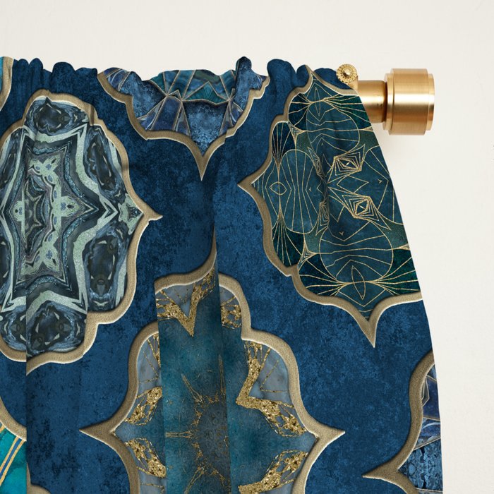 Teal Turquoise Gold Moroccan Tiles Boho Vintage Elegance Quatrefoil Shapes Window Curtain Gallery Image 2