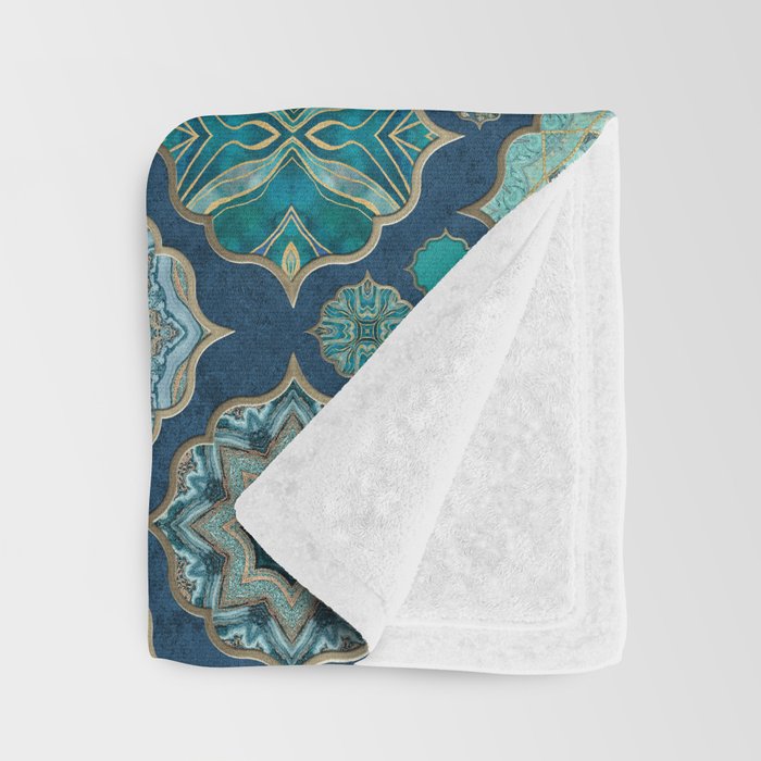 Teal Turquoise Gold Moroccan Tiles Boho Vintage Elegance Quatrefoil Shapes Throw Blanket Gallery Image 3