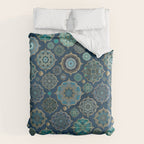Teal Turquoise Gold Moroccan Tiles Boho Vintage Elegance Quatrefoil Shapes Duvet Cover Gallery Image 6