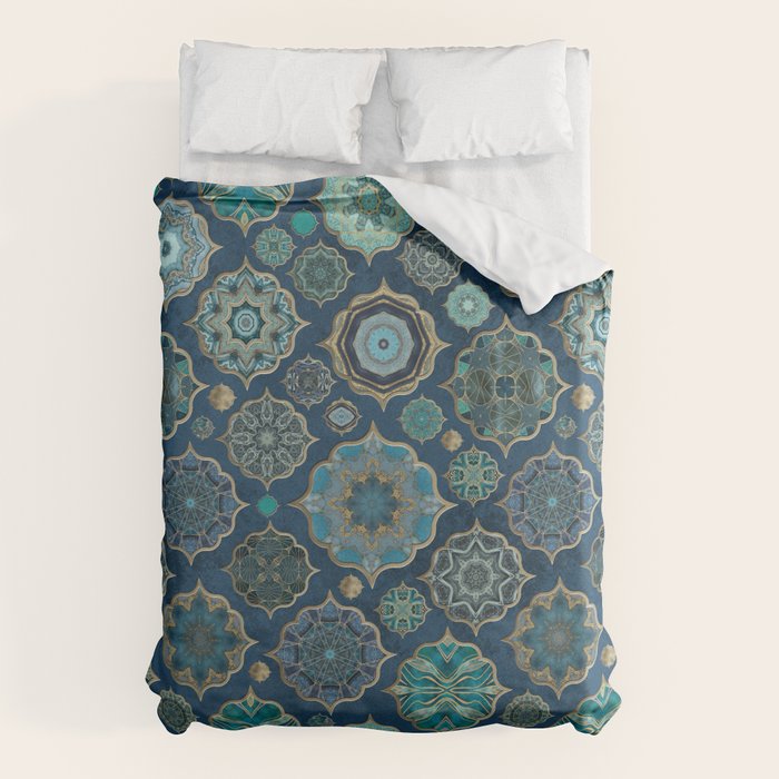Teal Turquoise Gold Moroccan Tiles Boho Vintage Elegance Quatrefoil Shapes Duvet Cover Gallery Image 6