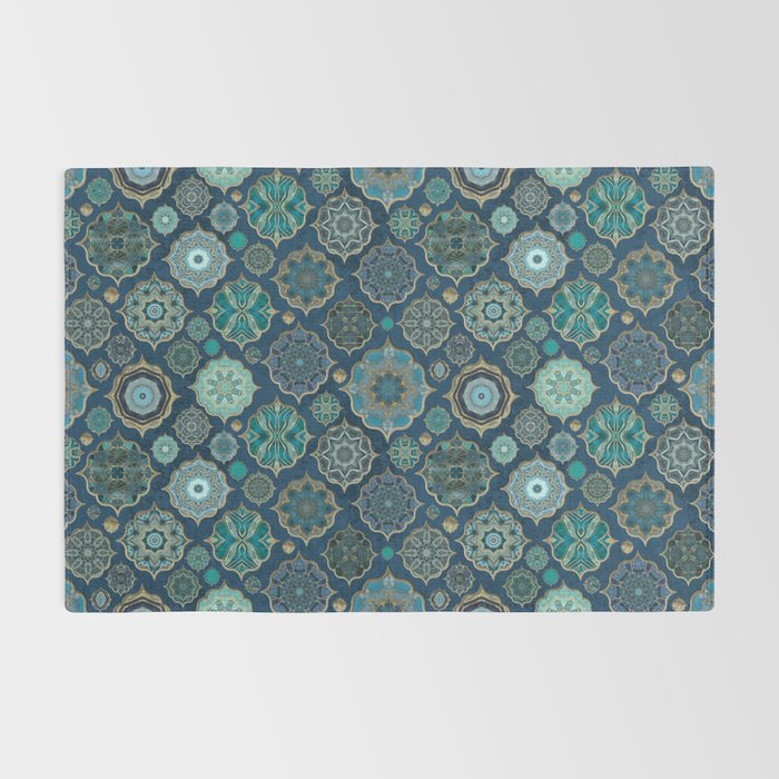 Teal Turquoise Gold Moroccan Tiles Boho Vintage Elegance Quatrefoil Shapes Rug Gallery Image 2