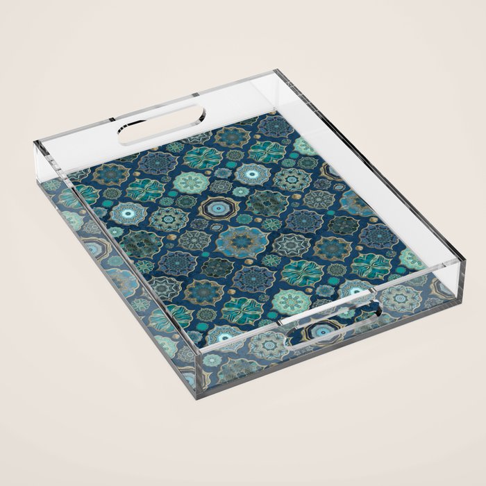 Teal Turquoise Gold Moroccan Tiles Boho Vintage Elegance Quatrefoil Shapes Acrylic Tray Gallery Image 1