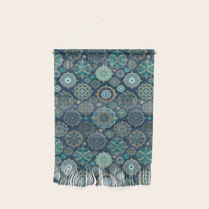 Teal Turquoise Gold Moroccan Tiles Boho Vintage Elegance Quatrefoil Shapes Wall Hanging Gallery Image 1