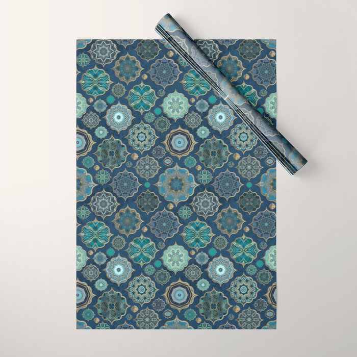 Teal Turquoise Gold Moroccan Tiles Boho Vintage Elegance Quatrefoil Shapes Wrapping Paper Gallery Image 1