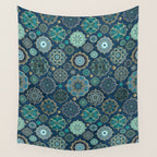 Teal Turquoise Gold Moroccan Tiles Boho Vintage Elegance Quatrefoil Shapes Wall Tapestry Gallery Image 4