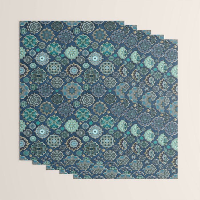 Teal Turquoise Gold Moroccan Tiles Boho Vintage Elegance Quatrefoil Shapes Wrapping Paper Gallery Image 3