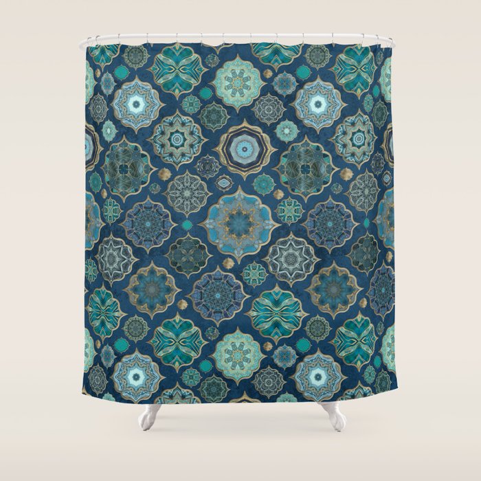 Teal Turquoise Gold Moroccan Tiles Boho Vintage Elegance Quatrefoil Shapes Shower Curtain Gallery Image 1