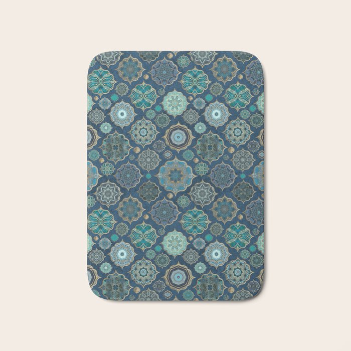 Teal Turquoise Gold Moroccan Tiles Boho Vintage Elegance Quatrefoil Shapes Bath Mat Gallery Image 1