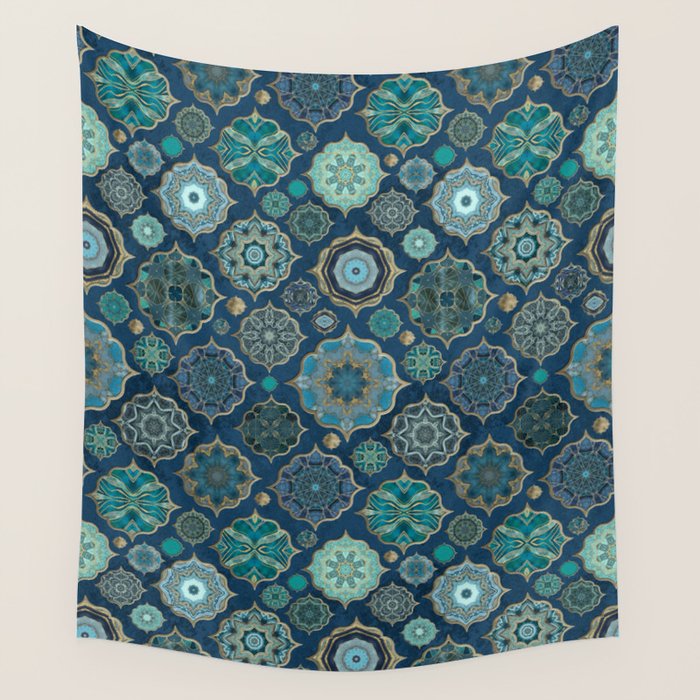 Teal Turquoise Gold Moroccan Tiles Boho Vintage Elegance Quatrefoil Shapes Wall Tapestry Gallery Image 1