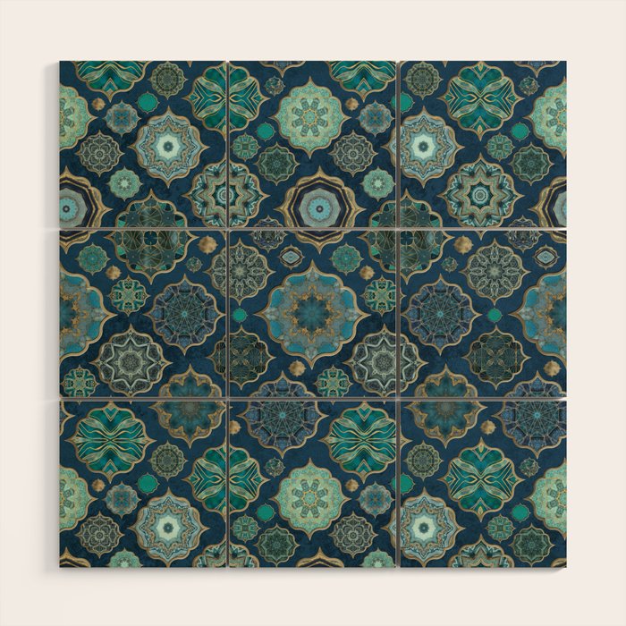 Teal Turquoise Gold Moroccan Tiles Boho Vintage Elegance Quatrefoil Shapes Wood Wall Art Gallery Image 1