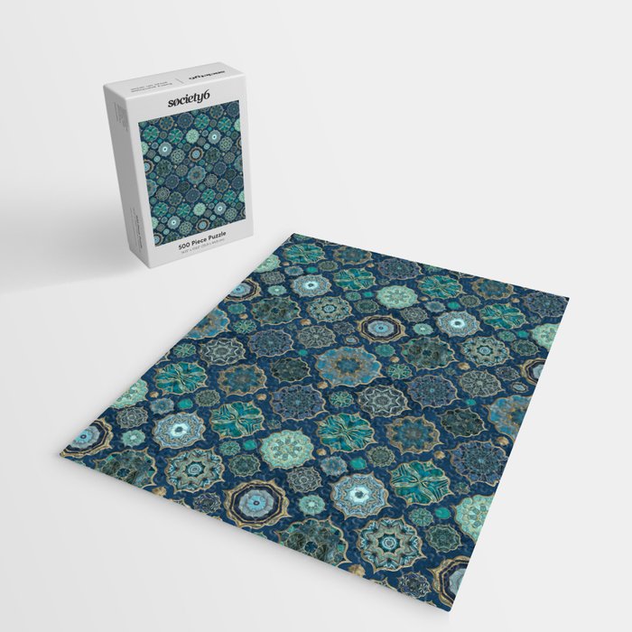 Teal Turquoise Gold Moroccan Tiles Boho Vintage Elegance Quatrefoil Shapes Jigsaw Puzzle Gallery Image 2