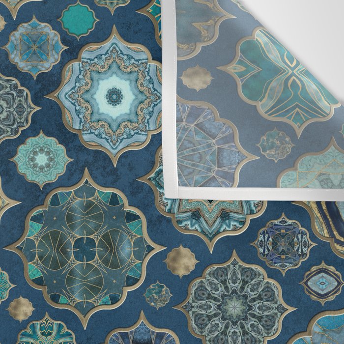 Teal Turquoise Gold Moroccan Tiles Boho Vintage Elegance Quatrefoil Shapes Wall Tapestry Gallery Image 3