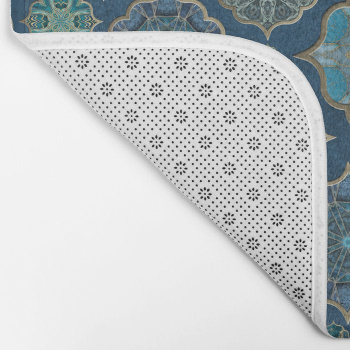 Teal Turquoise Gold Moroccan Tiles Boho Vintage Elegance Quatrefoil Shapes Bath Mat Gallery Image 2