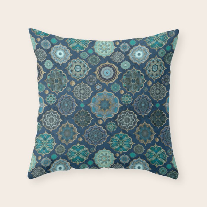 Teal Turquoise Gold Moroccan Tiles Boho Vintage Elegance Quatrefoil Shapes Throw Pillow Gallery Image 1