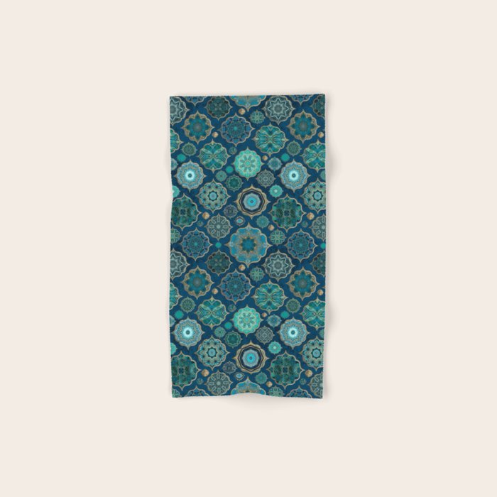 Teal Turquoise Gold Moroccan Tiles Boho Vintage Elegance Quatrefoil Shapes Bath Towel Gallery Image 1