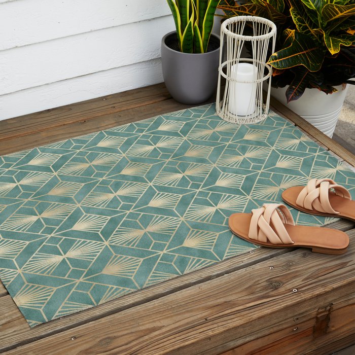 Art Deco Diamonds in Teal and Gold Outdoor Rug Gallery Image 2