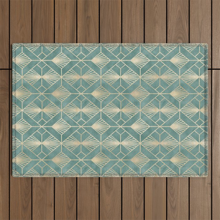 Art Deco Diamonds in Teal and Gold Outdoor Rug Gallery Image 1
