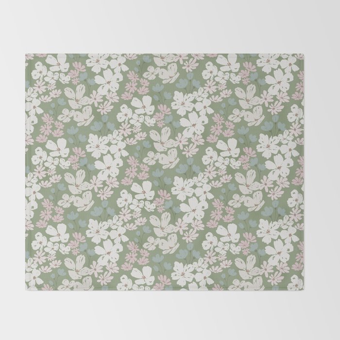 Soft meadow blooms - dusty mint, cream and pink floral pattern Throw Blanket Gallery Image 2