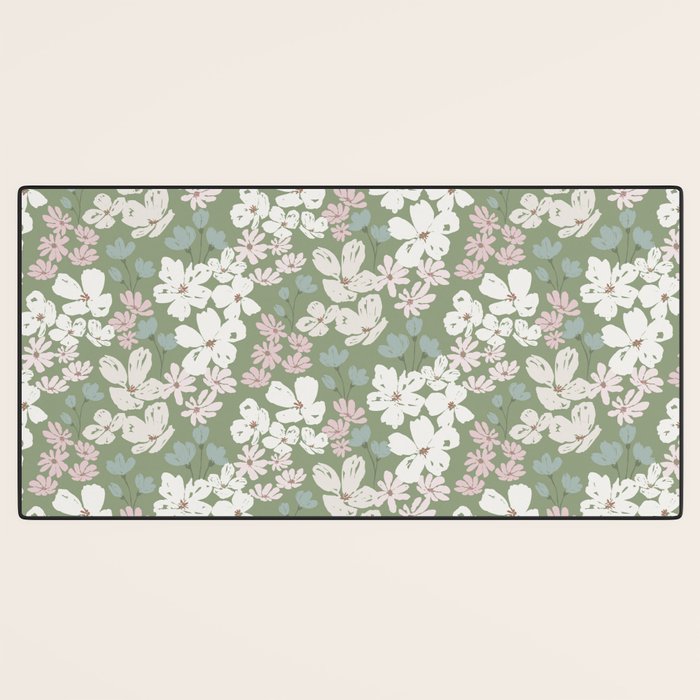 Soft meadow blooms - dusty mint, cream and pink floral pattern Desk Mat Gallery Image 3