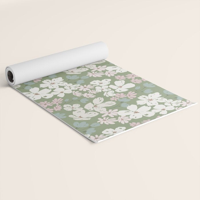 Soft meadow blooms - dusty mint, cream and pink floral pattern Yoga Mat Gallery Image 2
