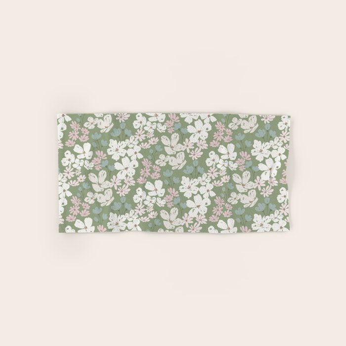 Soft meadow blooms - dusty mint, cream and pink floral pattern Bath Towel Gallery Image 1