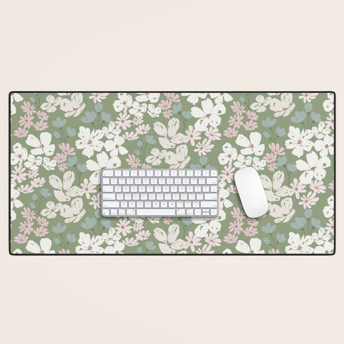 Soft meadow blooms - dusty mint, cream and pink floral pattern Desk Mat Gallery Image 1