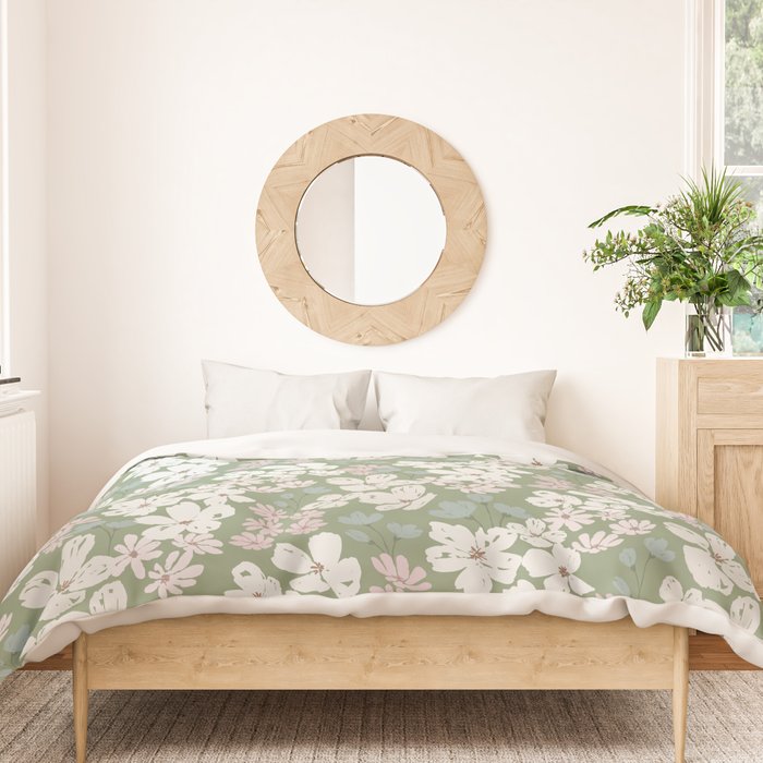 Soft meadow blooms - dusty mint, cream and pink floral pattern Duvet Cover Gallery Image 3