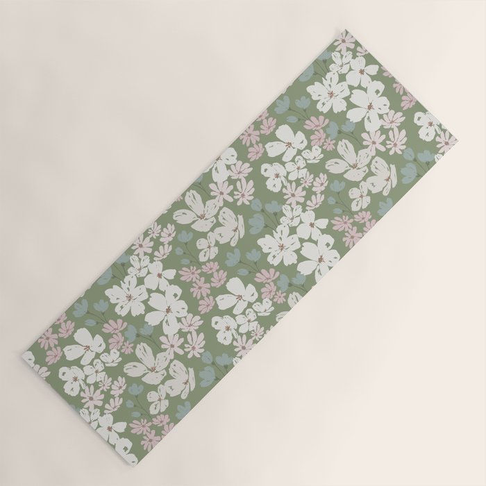Soft meadow blooms - dusty mint, cream and pink floral pattern Yoga Mat Gallery Image 1