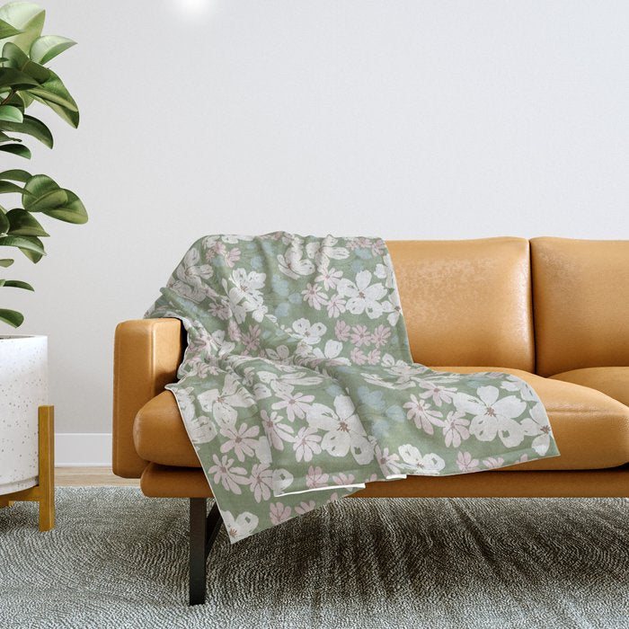 Soft meadow blooms - dusty mint, cream and pink floral pattern Throw Blanket Gallery Image 1