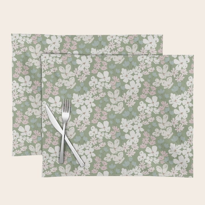 Soft meadow blooms - dusty mint, cream and pink floral pattern Placemat Gallery Image 1