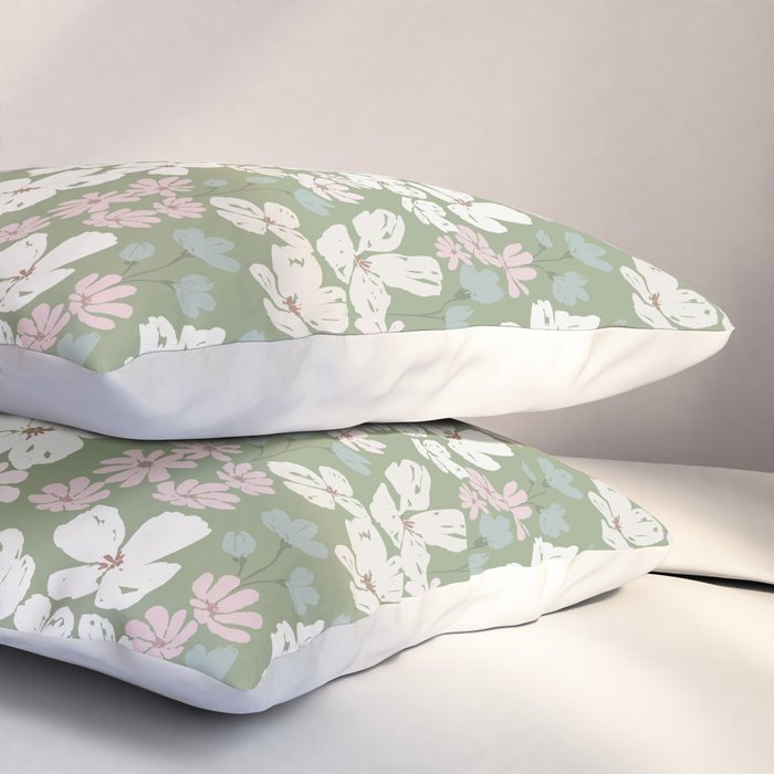 Soft meadow blooms - dusty mint, cream and pink floral pattern Pillow Sham Gallery Image 3
