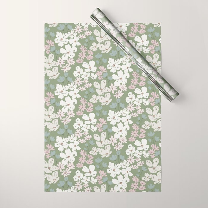 Soft meadow blooms - dusty mint, cream and pink floral pattern Wrapping Paper Gallery Image 1