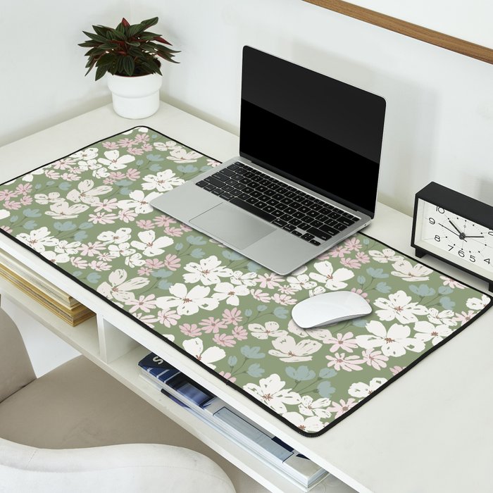 Soft meadow blooms - dusty mint, cream and pink floral pattern Desk Mat Gallery Image 2
