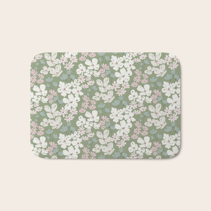 Soft meadow blooms - dusty mint, cream and pink floral pattern Bath Mat Gallery Image 1