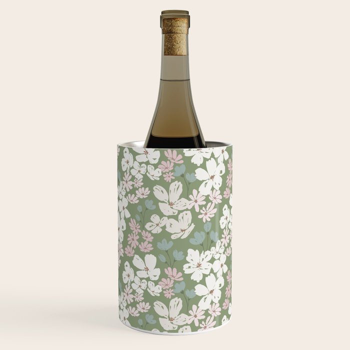 Soft meadow blooms - dusty mint, cream and pink floral pattern Wine Chiller Gallery Image 1