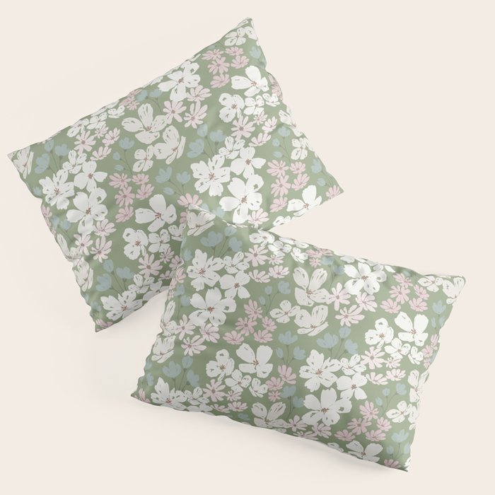 Soft meadow blooms - dusty mint, cream and pink floral pattern Pillow Sham Gallery Image 1