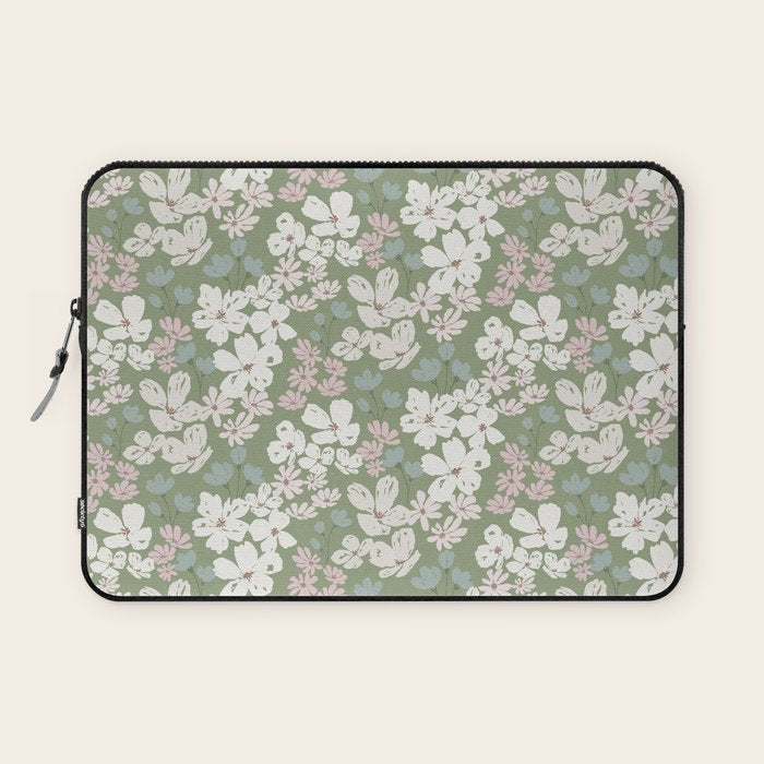 Soft meadow blooms - dusty mint, cream and pink floral pattern Laptop Sleeve Gallery Image 1