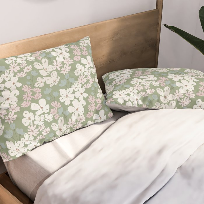 Soft meadow blooms - dusty mint, cream and pink floral pattern Pillow Sham Gallery Image 2