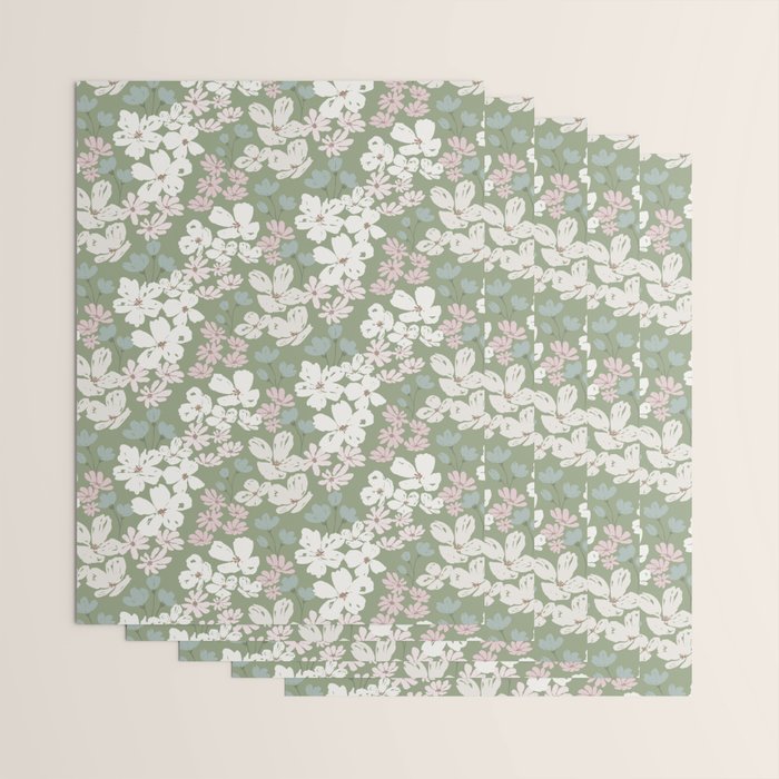 Soft meadow blooms - dusty mint, cream and pink floral pattern Wrapping Paper Gallery Image 3