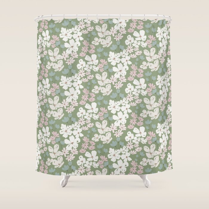 Soft meadow blooms - dusty mint, cream and pink floral pattern Shower Curtain Gallery Image 1
