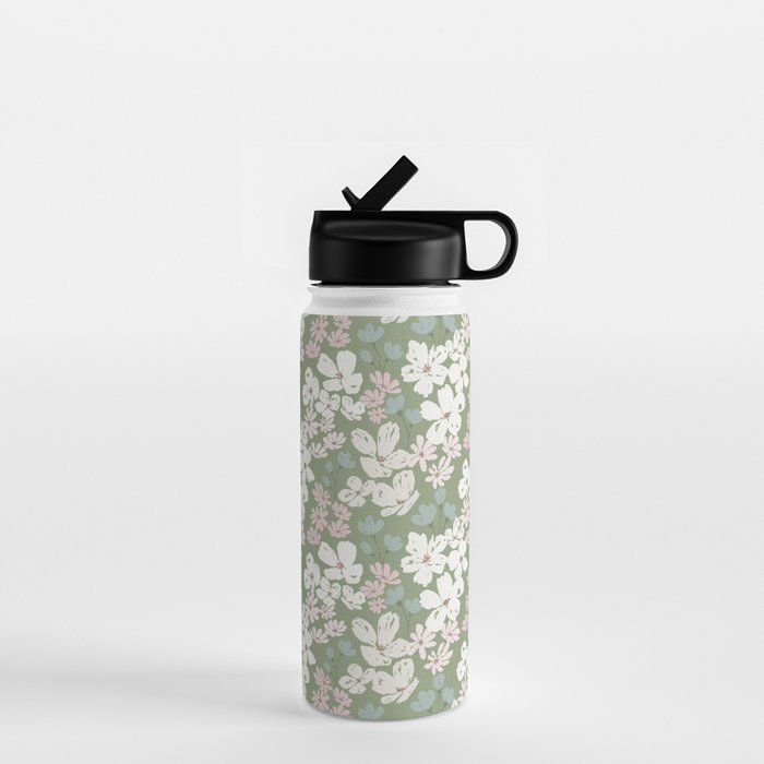 Soft meadow blooms - dusty mint, cream and pink floral pattern Water Bottle Gallery Image 1