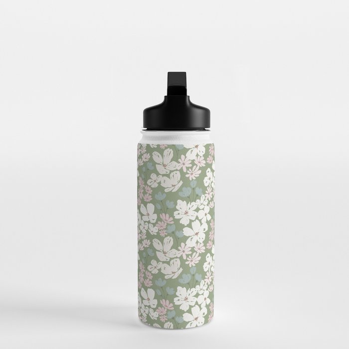 Soft meadow blooms - dusty mint, cream and pink floral pattern Water Bottle Gallery Image 3
