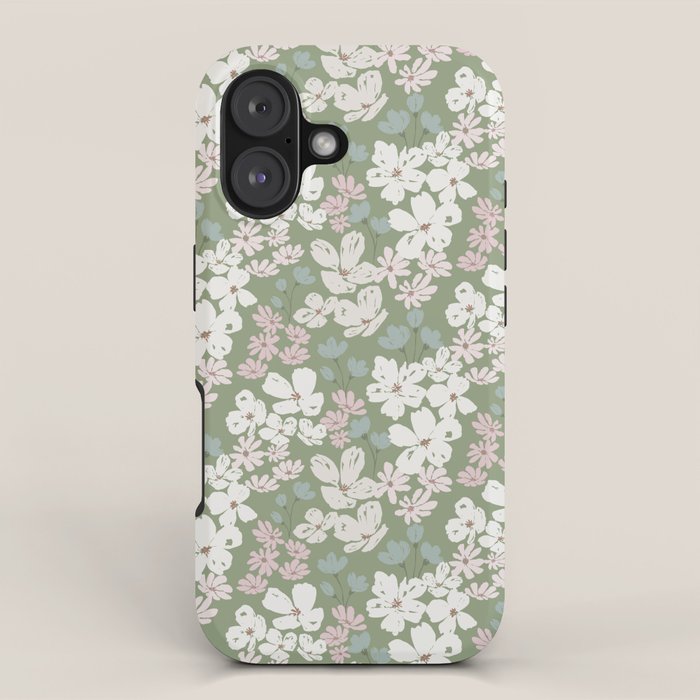 Soft meadow blooms - dusty mint, cream and pink floral pattern iPhone Case Gallery Image 1
