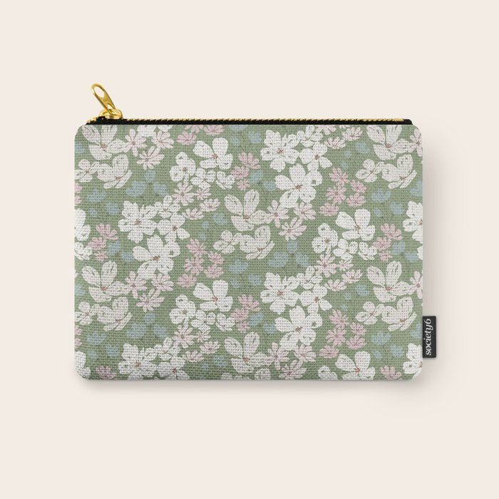 Soft meadow blooms - dusty mint, cream and pink floral pattern Carry All Pouch Gallery Image 1