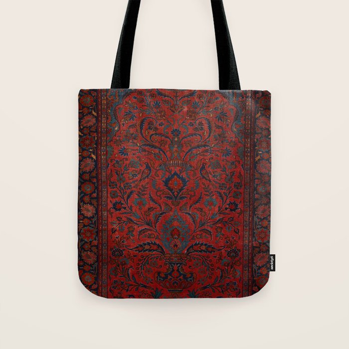 Antique Crimson Manchester Kashan Floral Persian Rug Print Tote Bag Gallery Image 1