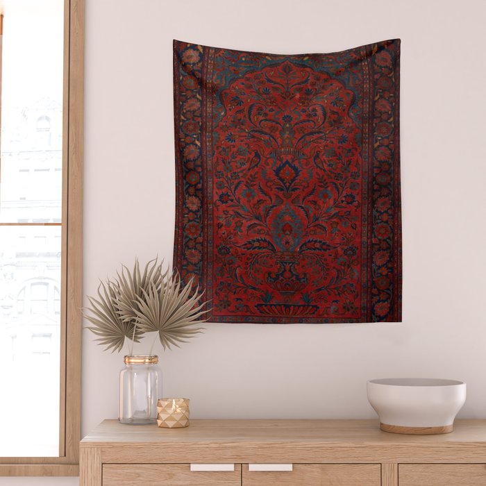 Antique Crimson Manchester Kashan Floral Persian Rug Print Wall Tapestry Gallery Image 2