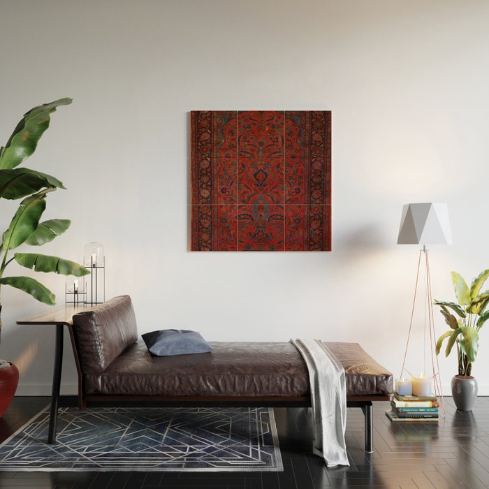 Antique Crimson Manchester Kashan Floral Persian Rug Print Wood Wall Art Gallery Image 2