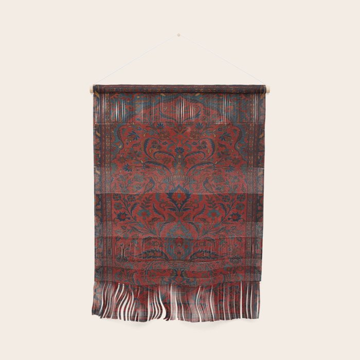 Antique Crimson Manchester Kashan Floral Persian Rug Print Wall Hanging Gallery Image 1